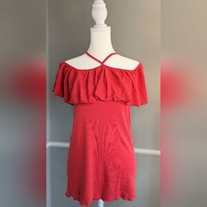 NWT Chaser Women's Size Medium Vintage Rib Cold Shoulder Ruffle Tank Top in Pink